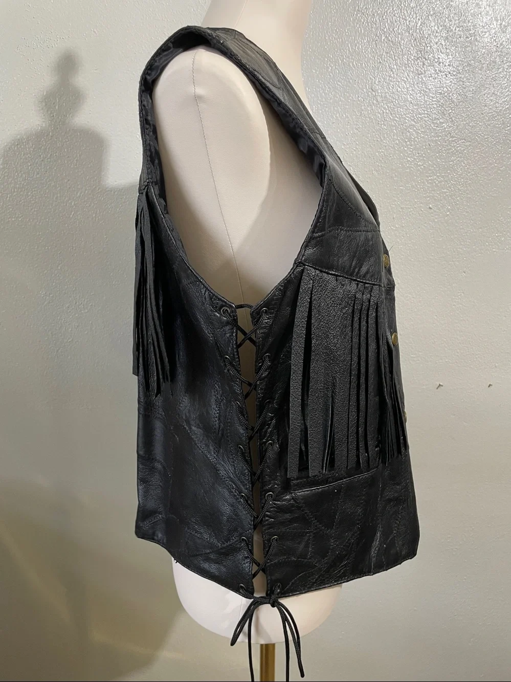 Leather Fringe Vest Lace Up Sides Western Biker XL Unisex Black Canyon Creek